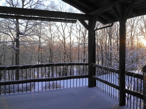 winter view from log cabin deck